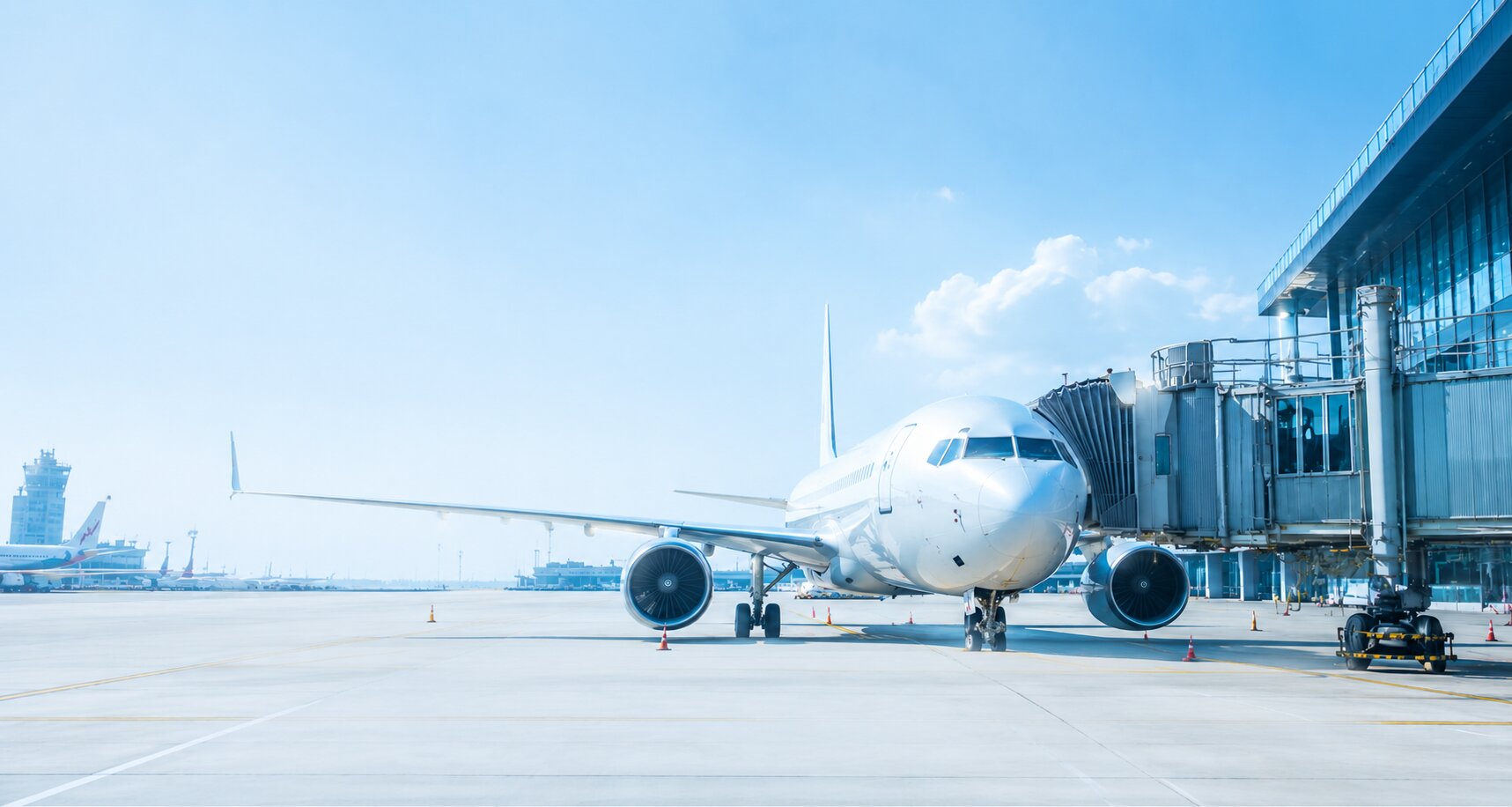 Commercial aircraft at jet bridge gate on airport ramp