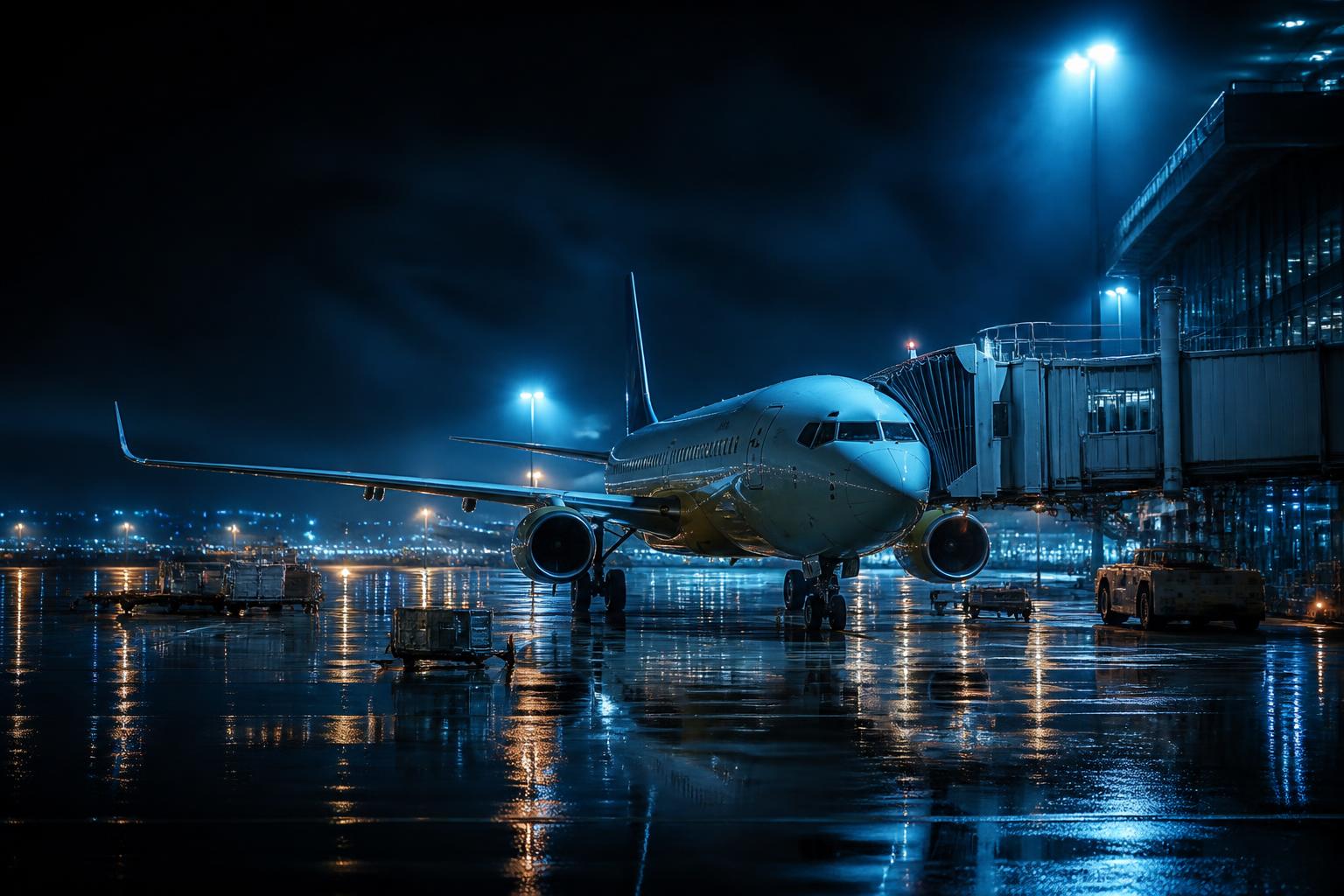 Commercial aircraft at jet bridge gate on illuminated airport ramp at night